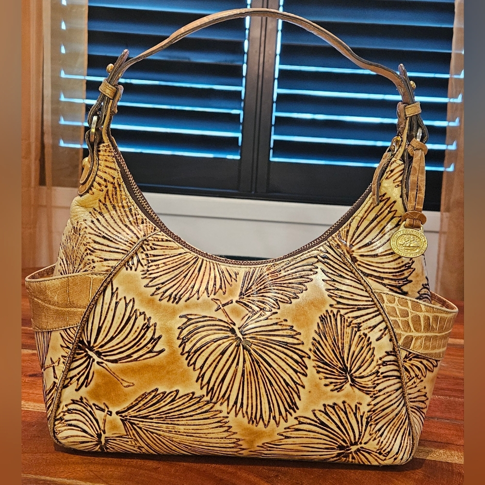 BRAHMIN TAN TAHITI 3D PALM FRONDS JULIETTE SHOULDER HOBO